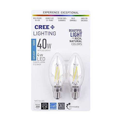 Cree Lighting B11 Clear Glass Filament Candelabra 75W Equivalent LED Bulb, 700 lumens, Dimmable, Daylight 5000K, 25,000 Hour Rated Life, 90+ CRI, Good for Enclosed | 2-Pack