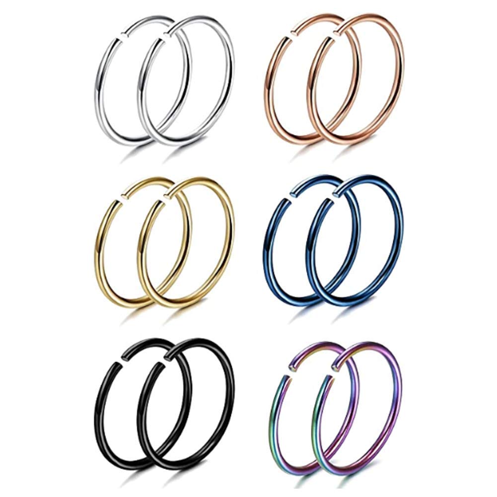 WBRWP 316L Stainless-Steel Piercing-Ring Hinged Nose-Rings-Hoop : 20G Womens and Mens Body Pierecing Ring Segment Clicker Lip Rings Cartilage Rook Earrings Diameter 8mm (each color 2 piece)