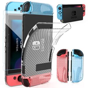 heystop switch case and screen protector - dockable soft tpu protective cover for nintendo console with 6 thumb grips and accessories