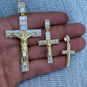 HarlemBling Real 925 Sterling Silver - 14k Gold Finish - Iced Baguette Cross W. Jesus Pendant - 3 Sizes Great For Any Necklace 1-2.5" (Medium 1.5")