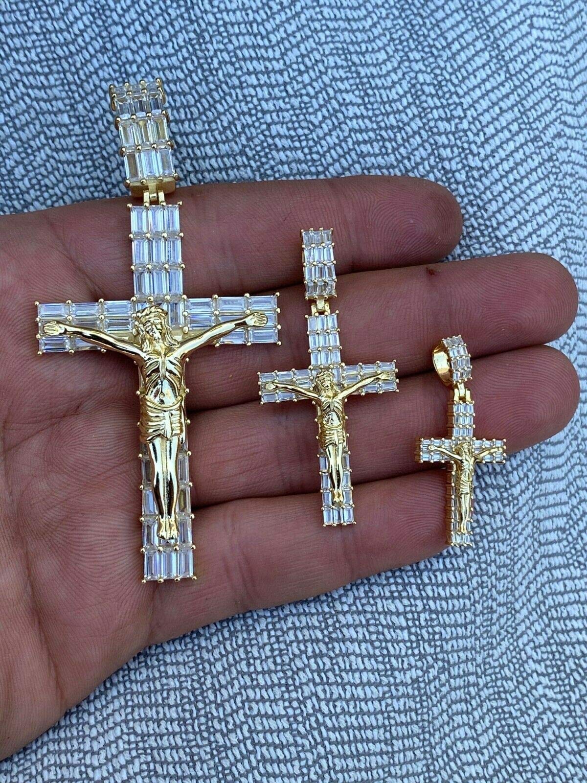 HarlemBling Real 925 Sterling Silver - 14k Gold Finish - Iced Baguette Cross W. Jesus Pendant - 3 Sizes Great For Any Necklace 1-2.5" (Medium 1.5")