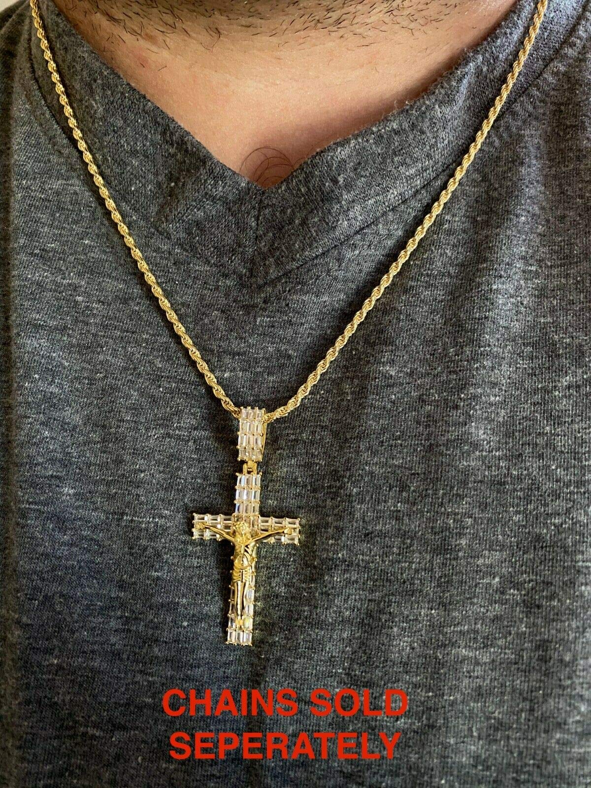 HarlemBling Real 925 Sterling Silver - 14k Gold Finish - Iced Baguette Cross W. Jesus Pendant - 3 Sizes Great For Any Necklace 1-2.5" (Medium 1.5")