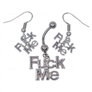 awesometivity naughty sexy jewelry sets - slut, hotwife, f me, sexy, stainless steel and rhinestone dangle belly button ring and earrings set for naval body and ear piercings (f me w/dangle earrings)