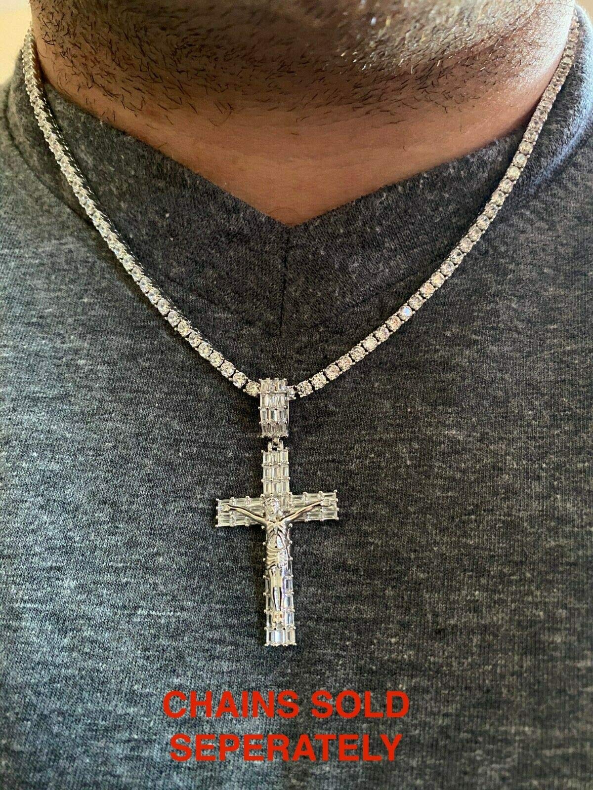 HarlemBling Real 925 Sterling Silver - Iced Baguette Cross W. Jesus Pendant - 3 Sizes Great For Any Necklace 1-2.5" (Medium 1.5")