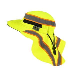 hi-visibility reflective safety polyester upf 50+ sun hat, wide brim with neck flap, breathable, boonie hat bucket cap yellow