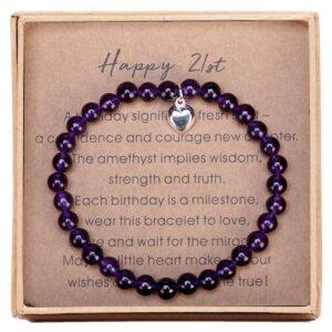 21st Birthday Gifts for Her Amethyst Bead Bracelet with Sterling Silver Heart Charm Gifts for 21 Year Old Women with Card and Gift Box