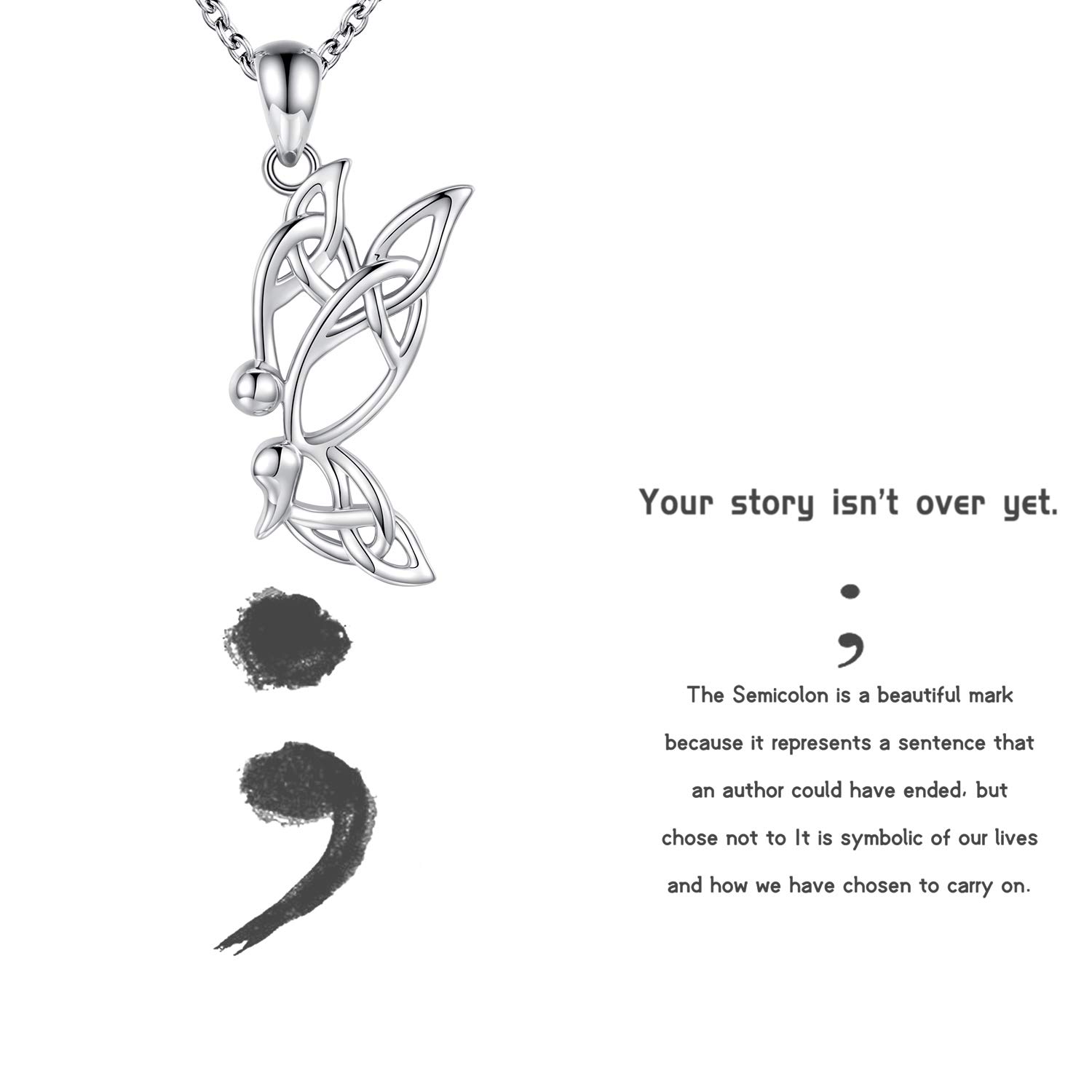 Semicolon Butterfly Necklace Survivor Encouragement Story Isnt Over Yet Struggle Depression Inspired Necklace 925 Silver Pendant Jewelry Gift for Women (Silver)