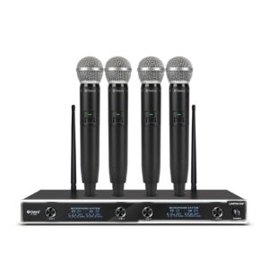 d debra uhf 4-channel wireless microphone system with 4 cordless mics, auto connect - 300ft long transmission stable signal for karaoke, parties, church, wedding (d-440,4 handheld)