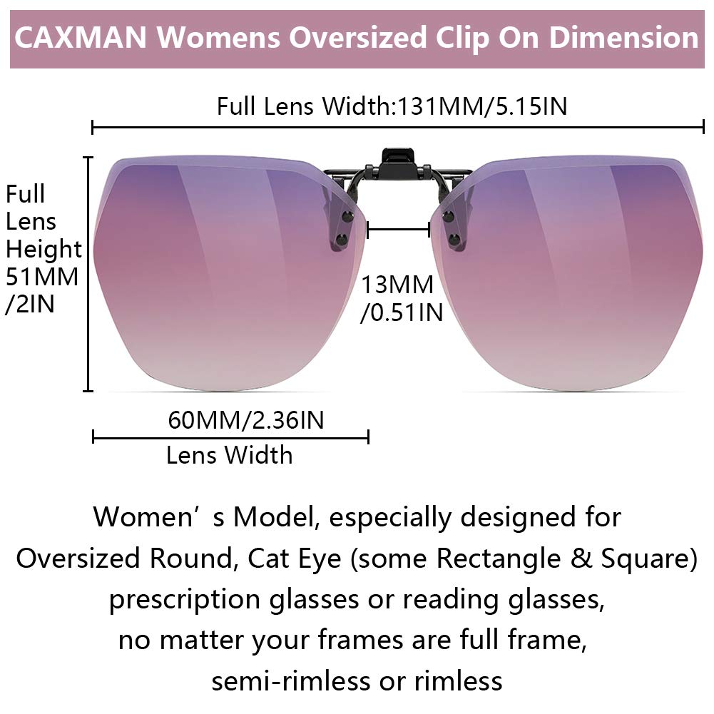 CAXMAN Polarized Clip On Sunglasses for Women Over Prescription Glasses 100% UV Protection Flip Up Transition Purple Mirrored Lenses