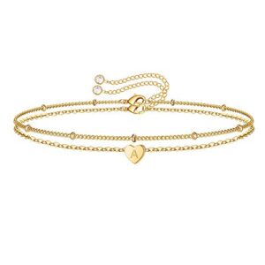 turandoss heart initial bracelets for women, 14k gold filled layered bracelet minimalist initial heart bracelets for women bracelet with initials a