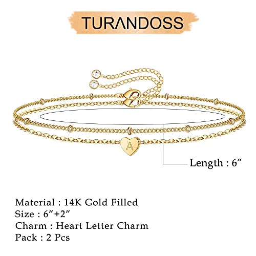 Turandoss Heart Initial Bracelets for Women, 14K Gold Filled Layered Bracelet Minimalist Initial Heart Bracelets for Women Bracelet With Initials A