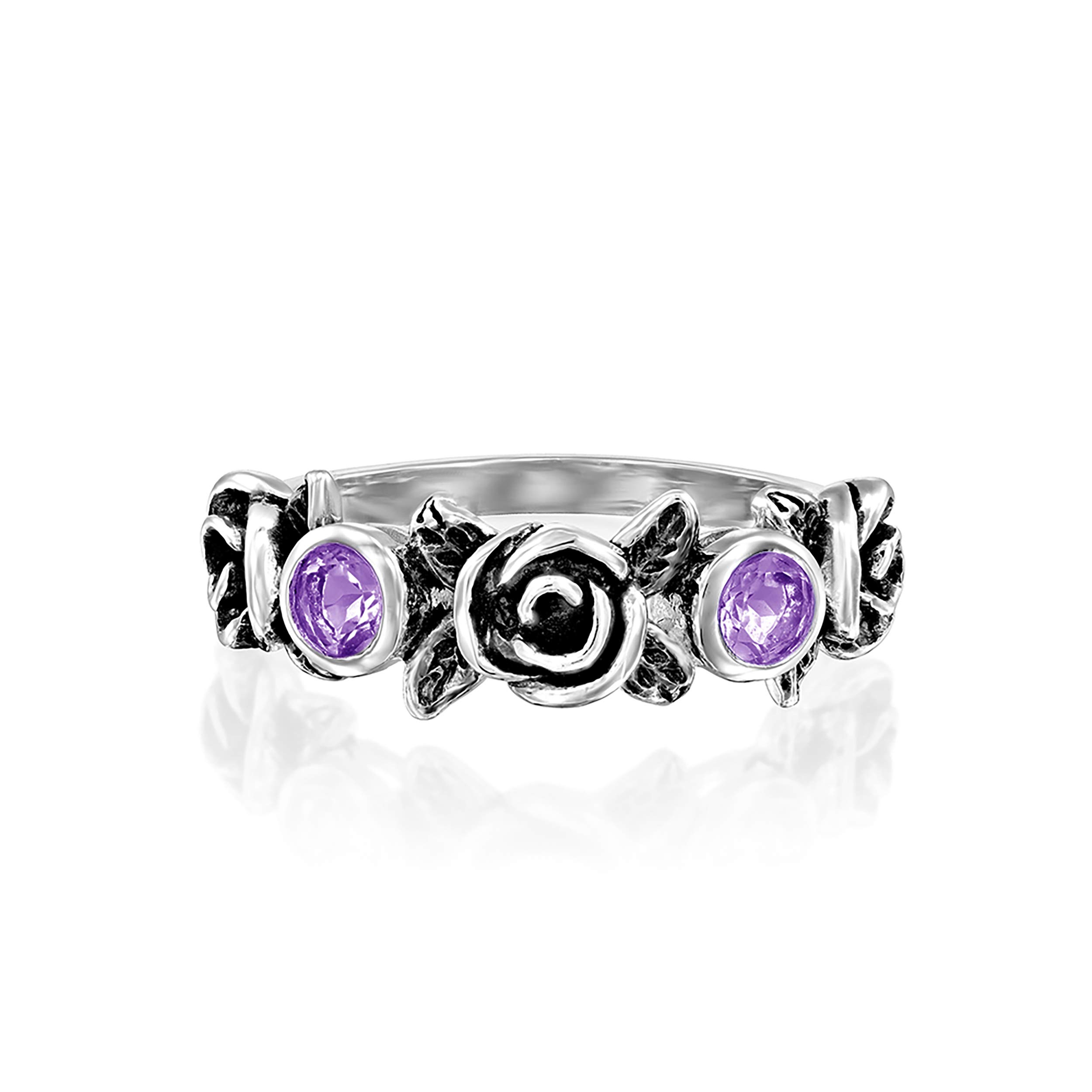 Paz Creations Ring For Women - 925 Sterling Silver Vintage Rings For Woman - Handcrafted Rose Flower Design With Gemstones - Jewelry with One Year Warranty - Amethyst Size 8