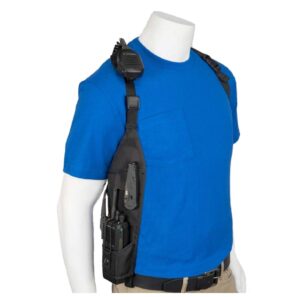 ush-300r radio shoulder holster right side chest harness with an adjustable radio pouch fits all motorola icom vertex two way radios 4-3/4' up to 9" tall. made in the usa by holsterguy.