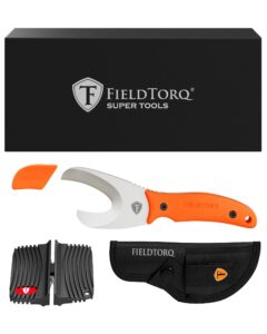 fieldtorq super tool | 4-in-1 field dressing kit with sheath & sharpener | skinning knife for hunting | gut hook knife | deer hunting knife set