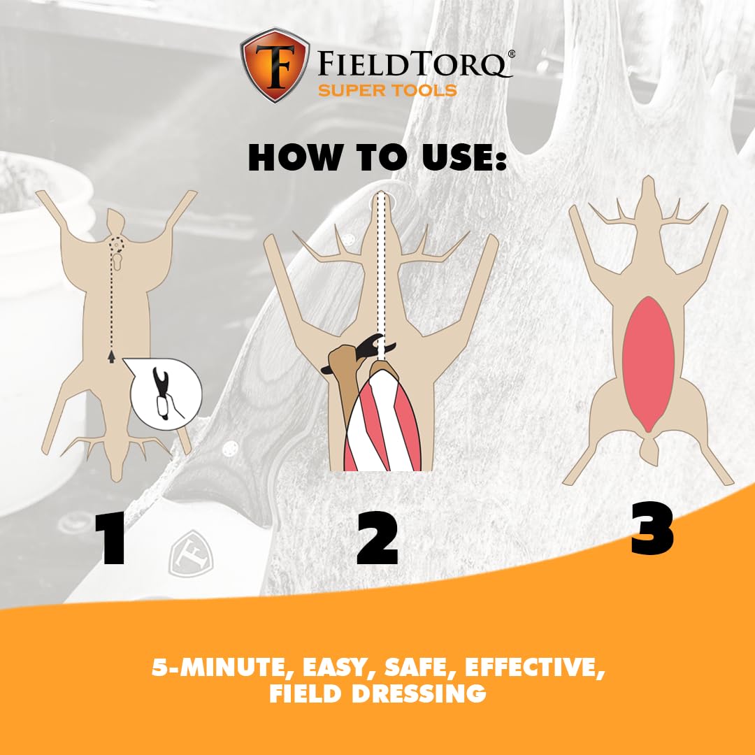 FIELDTORQ Super Tool | 4-in-1 Field Dressing Kit with Sheath & Sharpener | Skinning Knife for Hunting | Gut Hook Knife | Deer Hunting Knife Set