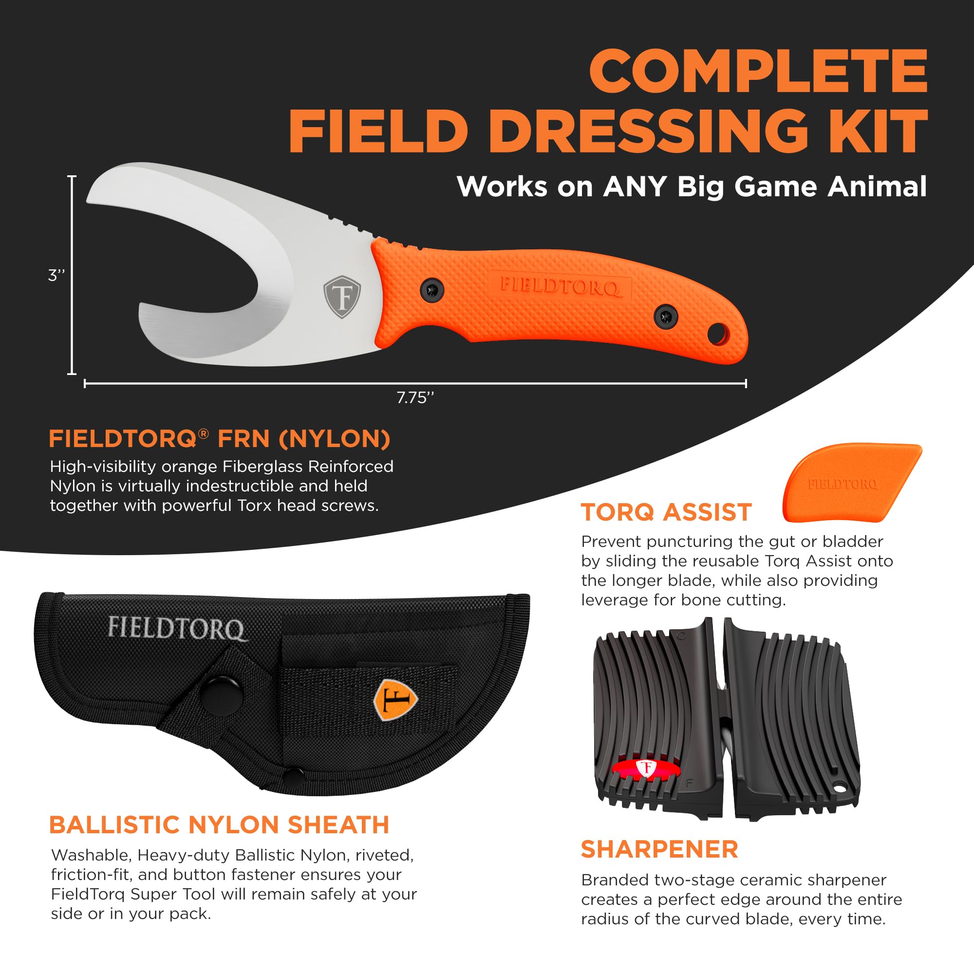 FIELDTORQ Super Tool | 4-in-1 Field Dressing Kit with Sheath & Sharpener | Skinning Knife for Hunting | Gut Hook Knife | Deer Hunting Knife Set