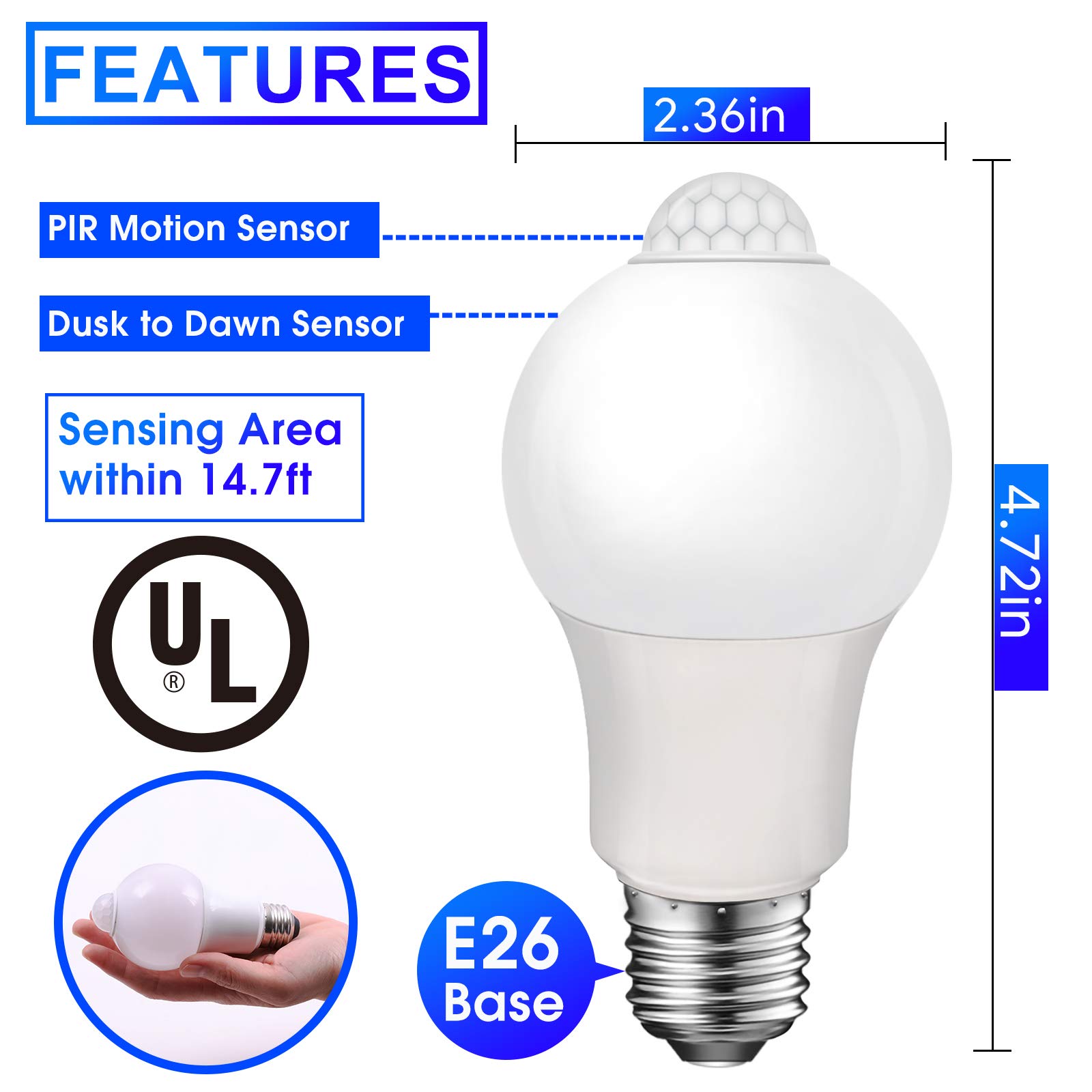 ENERGETIC Motion Sensor Light Bulb, 60 Watt Equivalent (8.5W), Indoor/Outdoor Automatic Activated by Motion, A19, E26, 5000K Dusk to Dawn Security Bulbs for Entrance, Porch, Stairs, Hallway, 2 Pack