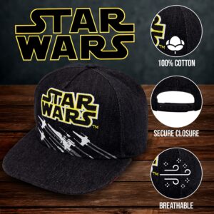 Classic Star Wars X-Wing Starfighter Embroidered Logo Outline Youth Flatbill Baseball Cap Hat, Black & Yellow