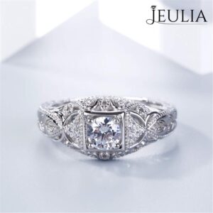 Jeulia Vintage Rings 925 Sterling Silver Round Cut Solitair Diamond Ring Wedding Engagement Statement Ring Band Anniversary Promise Bridal Set with Gift Box (Silver, 7)