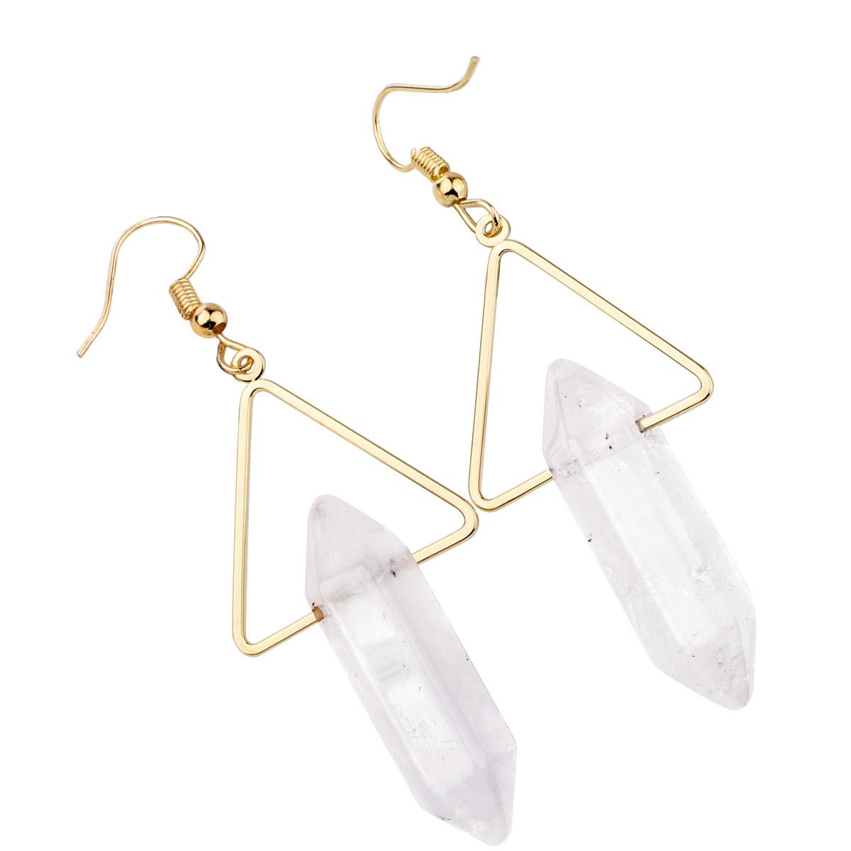 Nupuyai Rock Quartz Stone Dangle Drop Earrings for Women, Hexagonal Double Points Healing Crystal Quartz Gold Plated Triangle Earrings with Hook