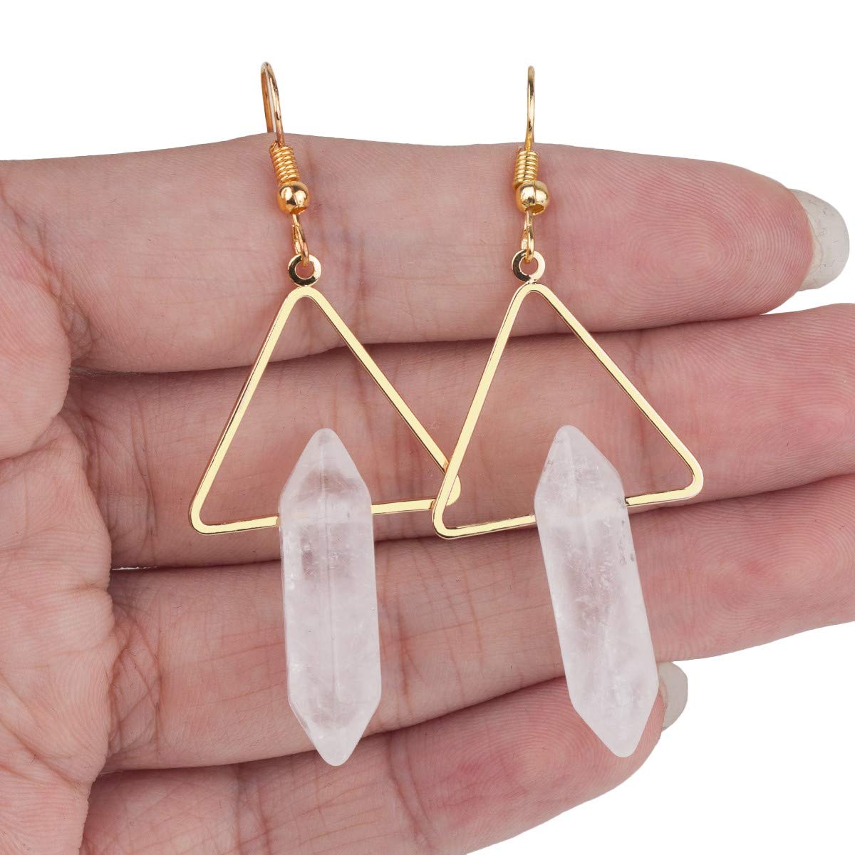 Nupuyai Rock Quartz Stone Dangle Drop Earrings for Women, Hexagonal Double Points Healing Crystal Quartz Gold Plated Triangle Earrings with Hook