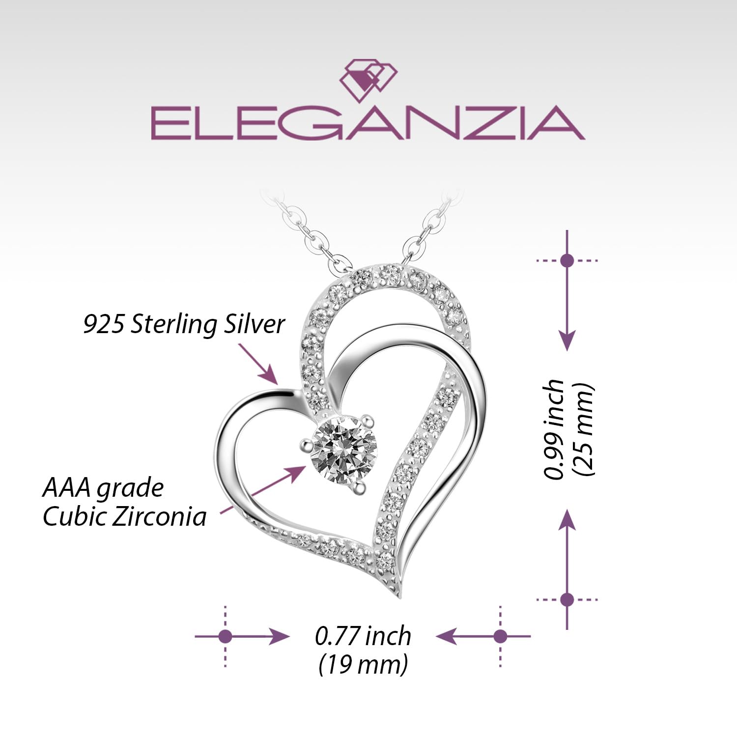 ELEGANZIA Heart Necklaces For Women Girlfriend Sterling Silver, Double Heart Jewelry For Women Love Heart Valentines Day Necklace