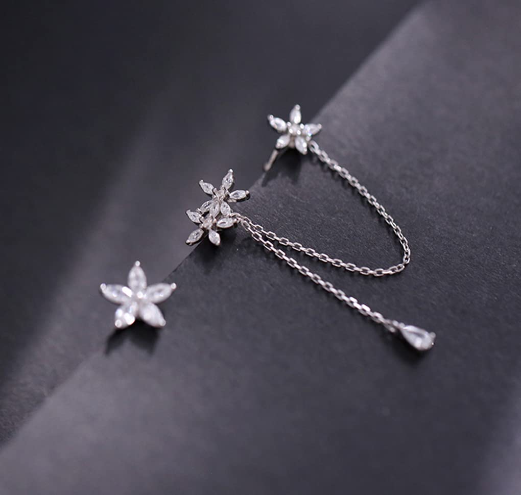 SLUYNZ 925 Sterling Silver Daisy Flowers Cuff Earrings Chain for Women Asymmetric CZ Daisy Earrings Crawler Earrings Dangling Chain (Asymmetric)