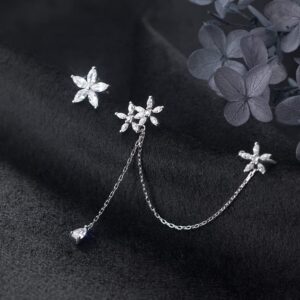 SLUYNZ 925 Sterling Silver Daisy Flowers Cuff Earrings Chain for Women Asymmetric CZ Daisy Earrings Crawler Earrings Dangling Chain (Asymmetric)