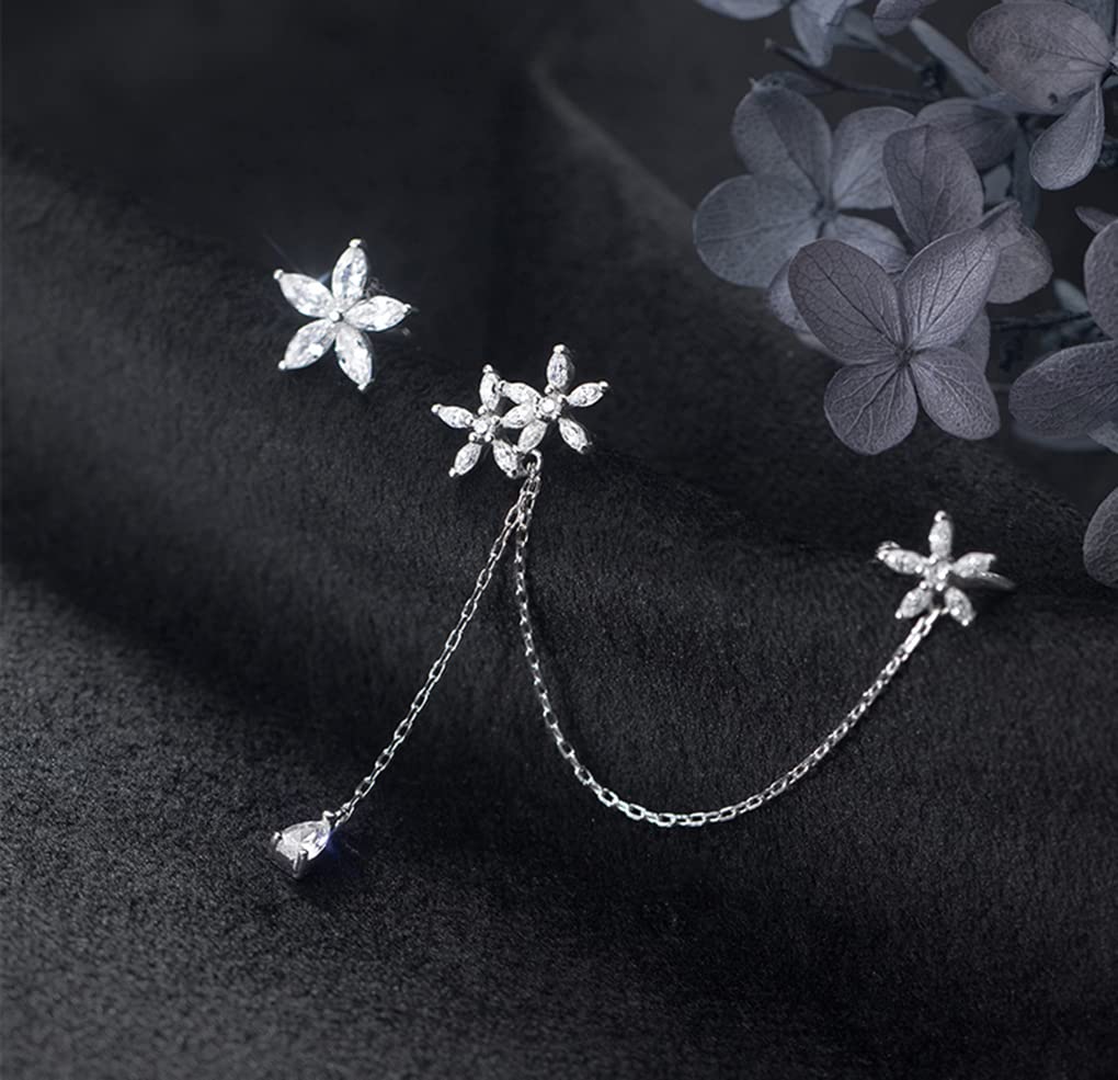 SLUYNZ 925 Sterling Silver Daisy Flowers Cuff Earrings Chain for Women Asymmetric CZ Daisy Earrings Crawler Earrings Dangling Chain (Asymmetric)