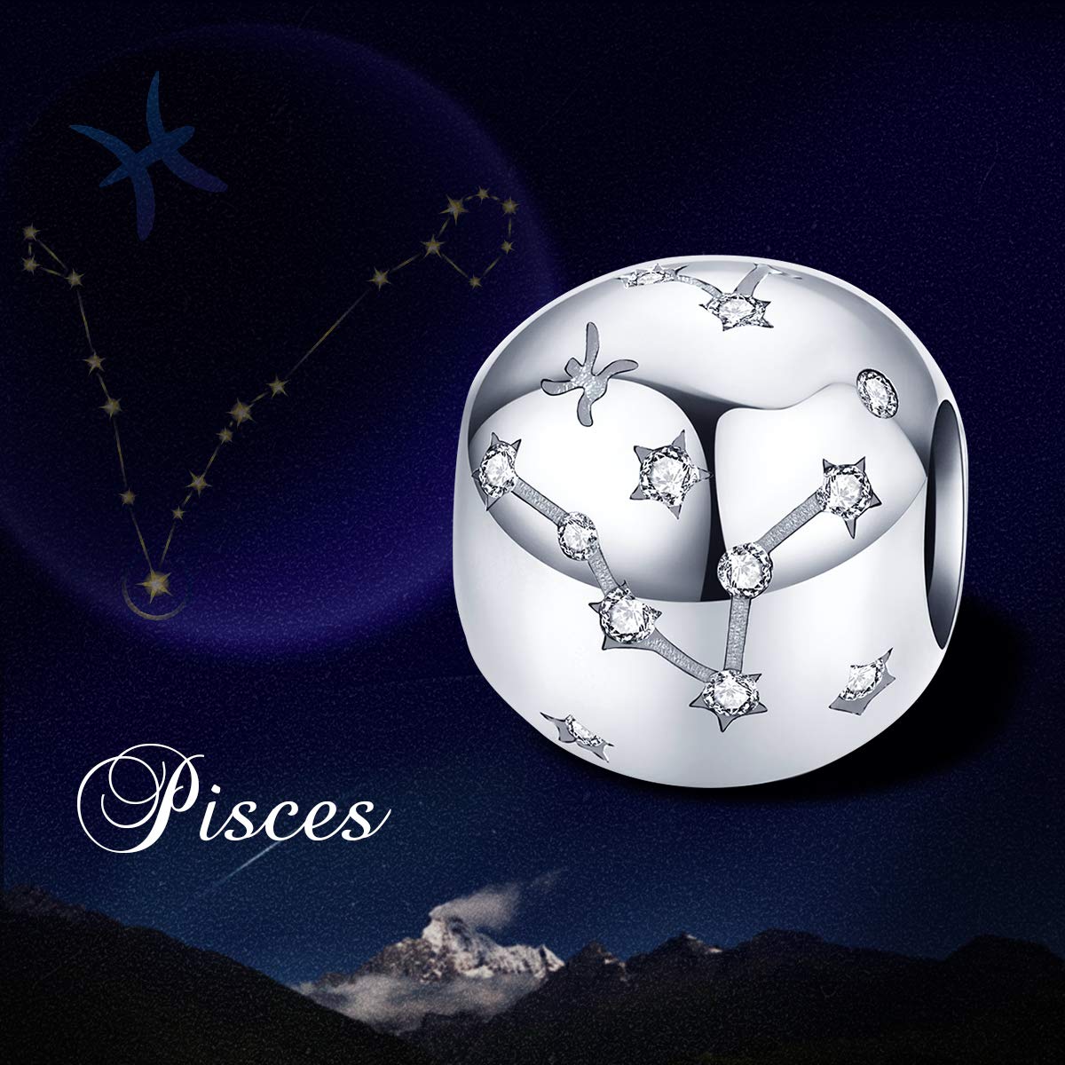 FOREVER QUEEN Pisces Zodiac Star Sign 925 Sterling Silver Bead Charm Fits Bracelets 12 Constellations Charm, Womens Jewellery Gift with Box