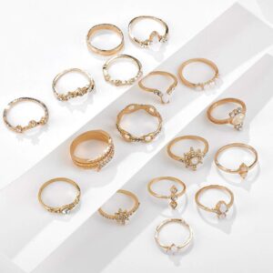 Aimimier 17 Pcs Bohemian Stackable Joint Knuckle Ring Set Crystal Opal Genstone Sun Star Finger Ring Diamond-studded Midi Rings for Women