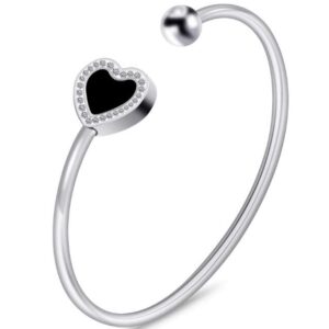 Jude Jewelers Stainless Steel Open Cuff Black Enamel Heart Bangle Bracelet (Silver)