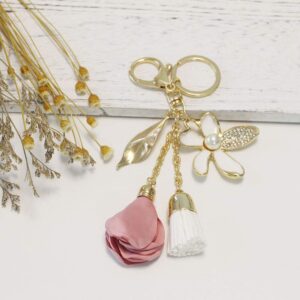 SWJEWEL Flower Keychain Rhinestone Tassel Leaf Key Ring Women Wallet Bag Pendant Charms Gold Pink