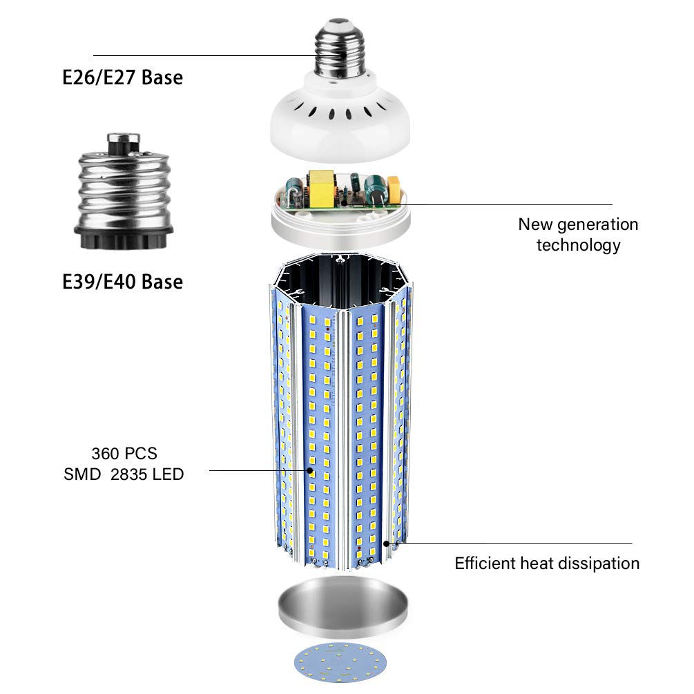 E39 80W LED Corn Light Bulb， 800W Equivalent 8000 Lumen 6500K Large Area Cool Daylight White for Outdoor Indoor Garage Warehouse Workshop Street Factory Backyard E39/E40&E26/E27 (E39/E40&E26/E27)