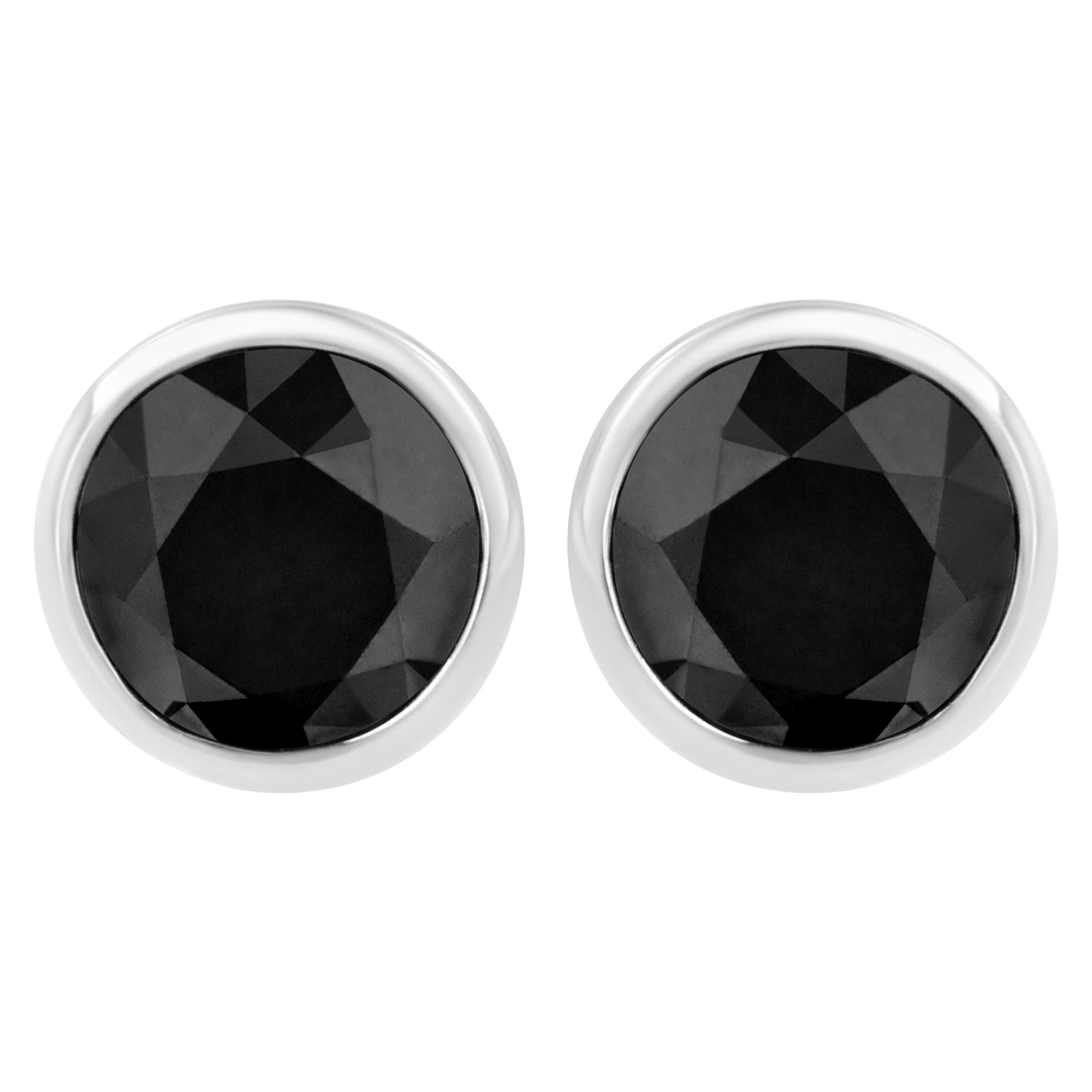 .925 Sterling Silver 1.00 Cttw Round Brilliant-Cut Black Diamond Bezel-Set Stud Earrings with Screw Backs (Fancy Color-Enhanced, I2-I3 Clarity)