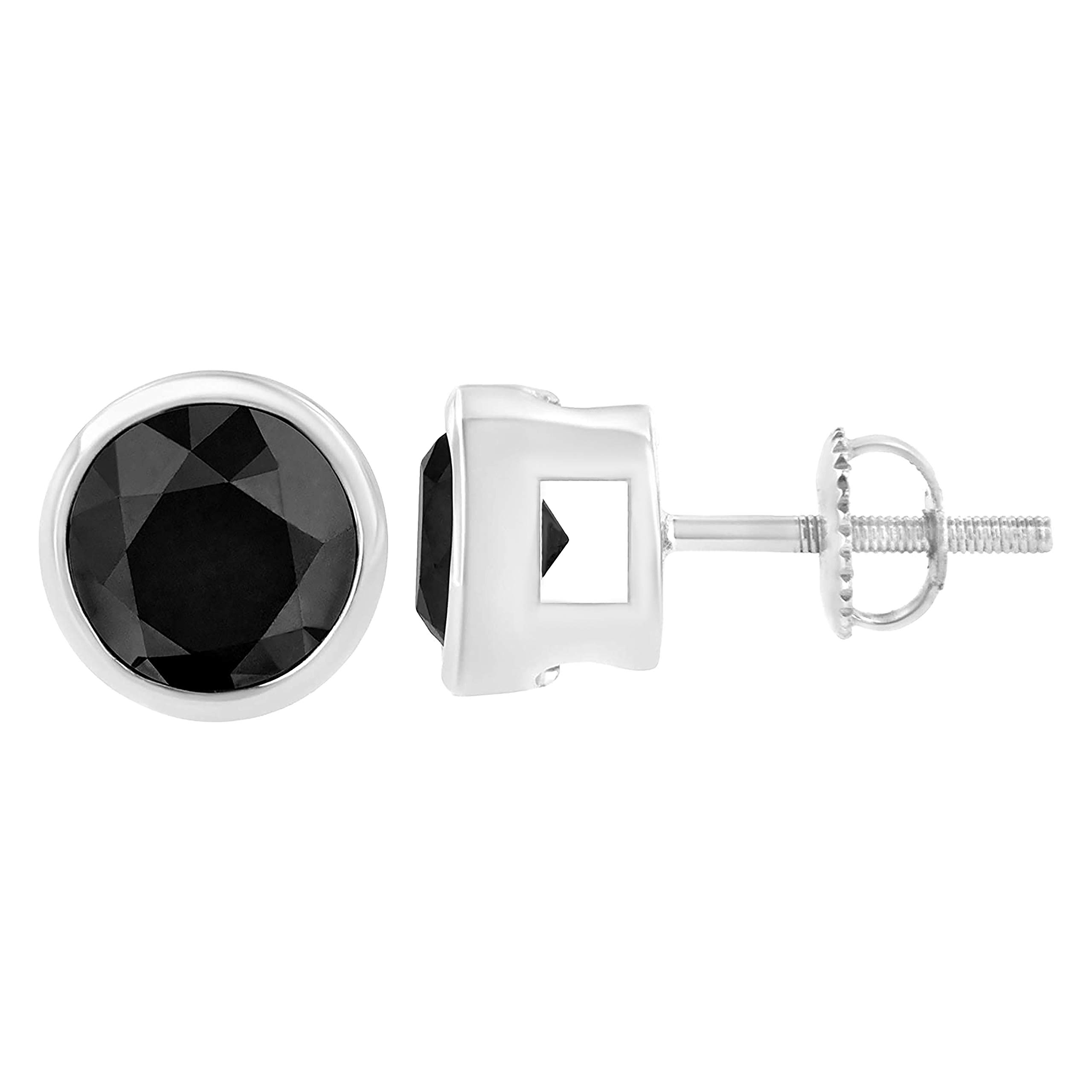 .925 Sterling Silver 1.00 Cttw Round Brilliant-Cut Black Diamond Bezel-Set Stud Earrings with Screw Backs (Fancy Color-Enhanced, I2-I3 Clarity)