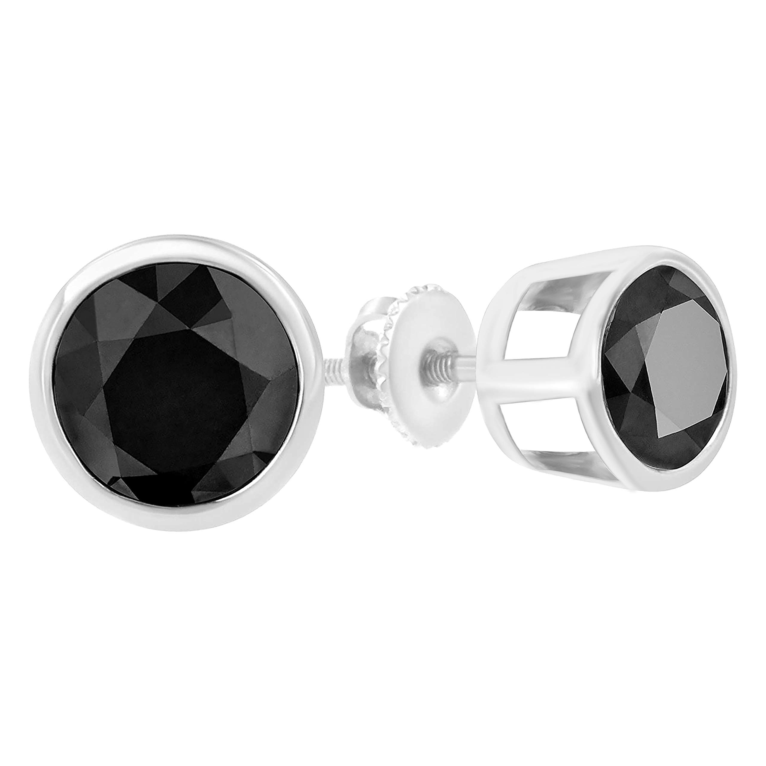 .925 Sterling Silver 1.00 Cttw Round Brilliant-Cut Black Diamond Bezel-Set Stud Earrings with Screw Backs (Fancy Color-Enhanced, I2-I3 Clarity)