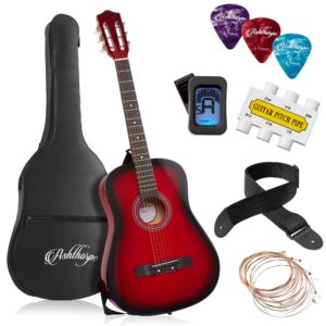 ashthorpe 38-inch beginner acoustic guitar package (red), basic starter kit w/gig bag, strings, strap, tuner, pitch pipe, picks