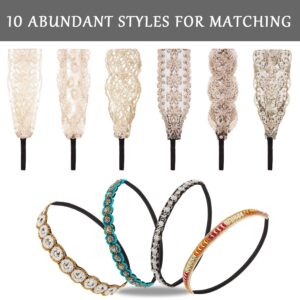 WILLBOND 10 Pieces Rhinestone Beaded Headbands Elastic Elegant Lace Handmade Headwraps Wide Hair Bands Vintage Crystal Jewelry Hairbands for Women Hair Accessories