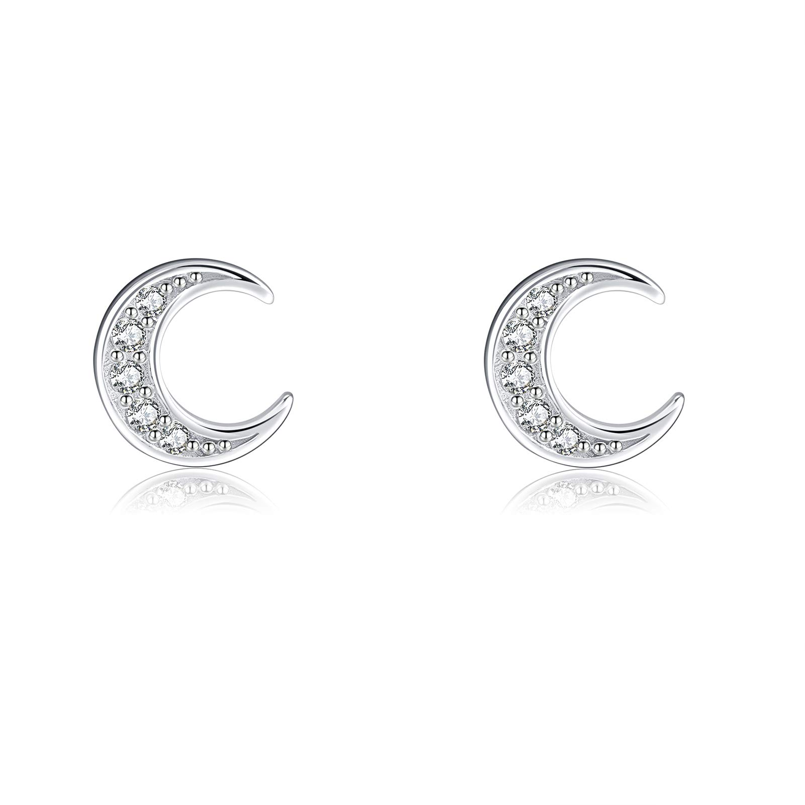 Rnivida 925 Sterling Silver Small Moon Stud Earrings, Silver Cz Crescent Moon Stud Earrings for Women