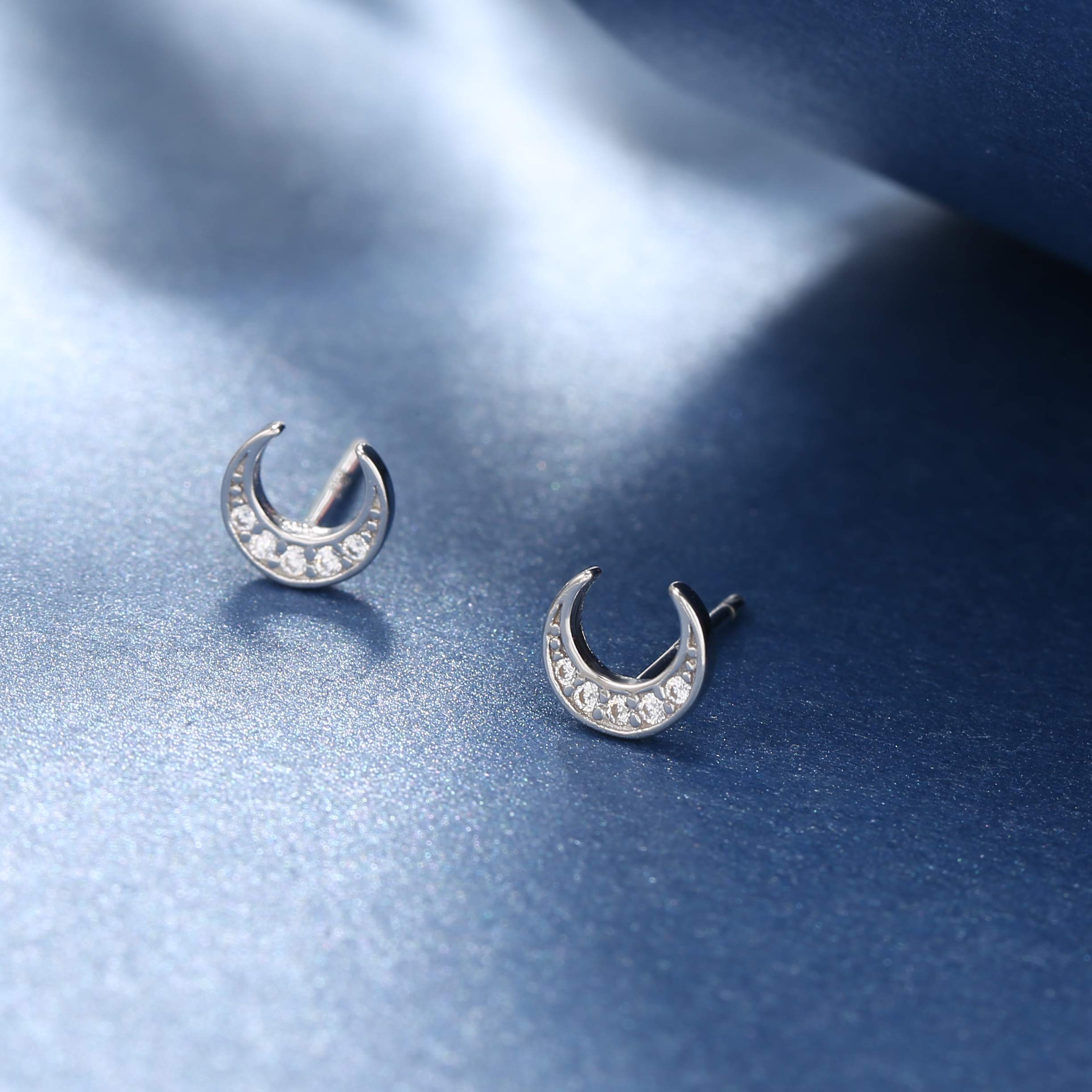 Rnivida 925 Sterling Silver Small Moon Stud Earrings, Silver Cz Crescent Moon Stud Earrings for Women