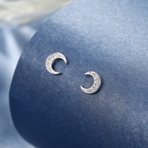 Rnivida 925 Sterling Silver Small Moon Stud Earrings, Silver Cz Crescent Moon Stud Earrings for Women