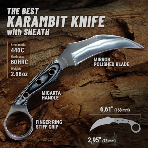 Tactical Karambit Knife with Sheath - Micarta Handle - Fixed Mirror Polished 440C Steel Blade - Small Karambits for Camping Hunting Survival EDC for Men and Women - Fathers Day Gift 2534