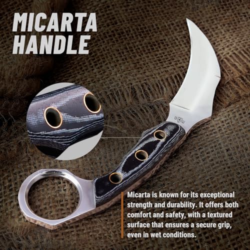 Tactical Karambit Knife with Sheath - Micarta Handle - Fixed Mirror Polished 440C Steel Blade - Small Karambits for Camping Hunting Survival EDC for Men and Women - Fathers Day Gift 2534