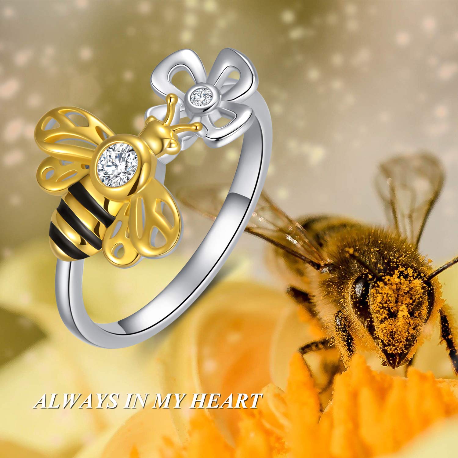 LONAGO Bee Ring with Flower 5A Cubic Zirconia Yellow Gold 925 Sterling Silver Bee Stacking Ring for Women (Size 7)