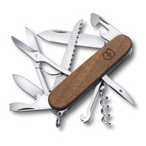 victorinox huntsman swiss army knife, 15 function swiss made pocket knife with large blade, screwdriver, scissors and wood saw - walnut