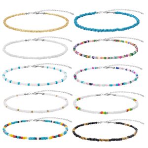 beaded necklace, choker necklace for women, bohemian seed bead necklaces handmade flower necklace y2k necklace summer beach necklaces boho cute necklaces for teen girls (set#3-10pcs)