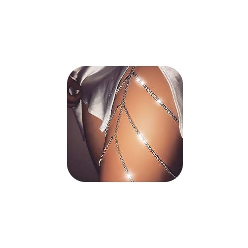 Dresbe Layered Rhinestone Thigh Chain Silver Sparkly Leg Chains Elastic Body Jewelry Accessories for Women