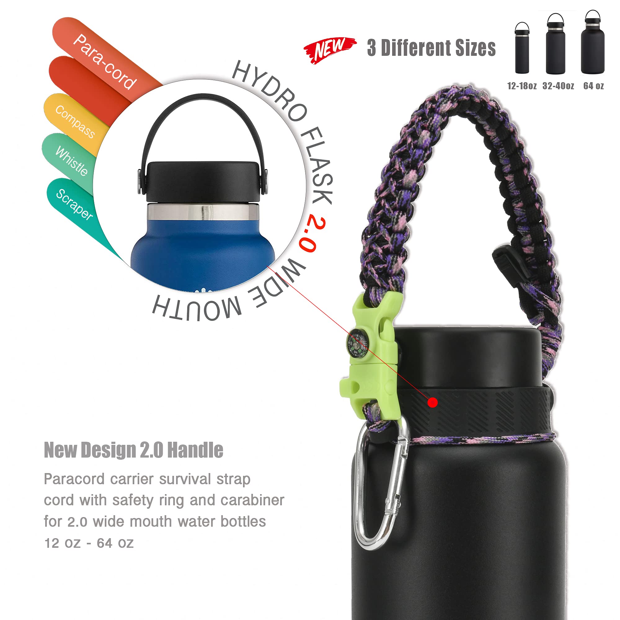 QeeCord Paracord Handle Compatible with Hydro Flask 2.0 Wide Mouth Water Bottle Carrier with New Ring and Carabiner, 12oz, 16oz,18oz, 32oz, 40oz, 64oz (32 oz-40 oz Wide Mouth, Camo Purple)