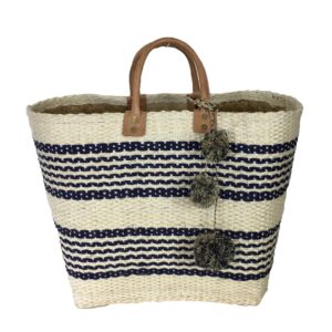 mar y sol caracas striped market tote bag pom pom, natural navy